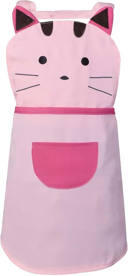 Love Potato Niedliche Schürze für Mädchen und Kleinkinder, Cartoon-Katze, bestickt, Baumwolle, Kinderschürze für Kinder von 2–4 Jahren (Rosa), rose, 20W x 18L