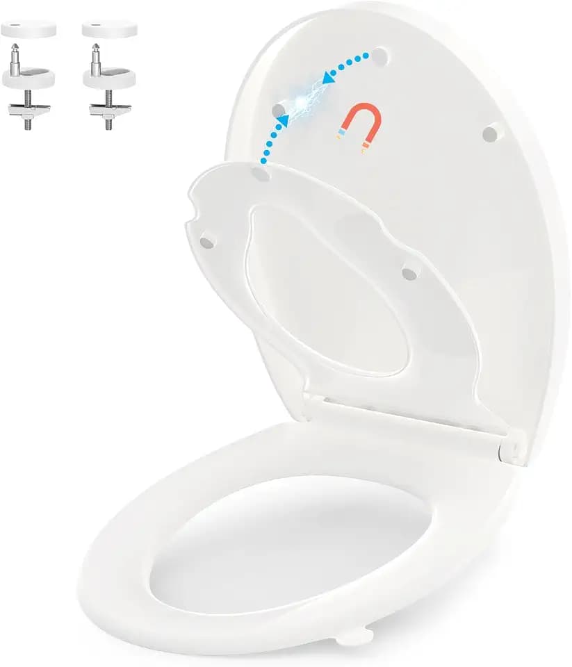 YEAUPE PRO Toilettendeckel mit Kindersitz O-Form,Weißer PP WC Sitz mit Absenkautomatik & Quick-Release, Inklusive Installationsschablone, Leicht zu Montieren, Soft-Close,44,6 x 37,2 cm