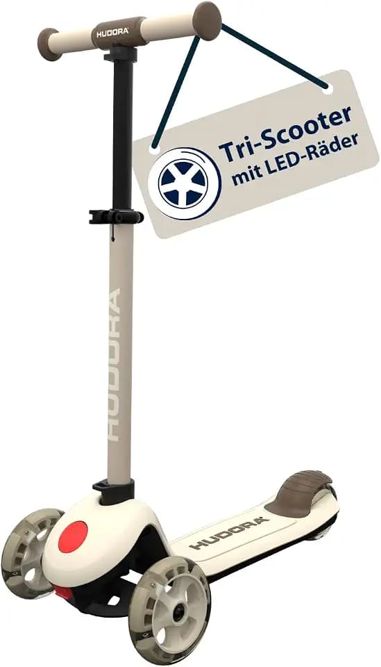 HUDORA Tri‑Scooter mit LED‑Rädern – 3‑Rad Scooter mit höhenverstellbarem Lenker – breitem Hinterrad, ABEC‑7 Kugellager, rutschfestem Deck & Hinterradbremse – Outdoor Tretroller für Kinder