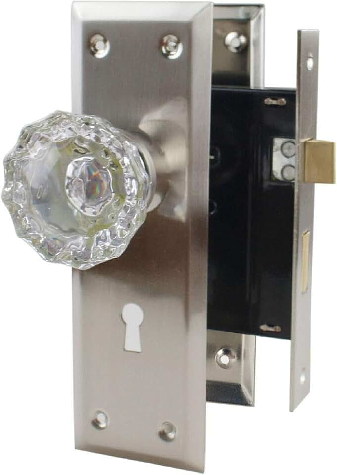 NUZAMAS Old Time Einsteckschloss Glas Crystal Knob Set Skeleton, Zinklegierung Platte, Türgriffe Look mit Schlüsseln, Indoor Outdoor Double Open, Schlafzimmer Schlösser, klassischer Stil