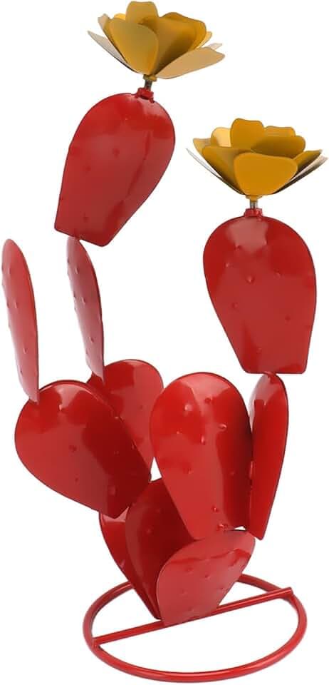 Topyond Metal Cactus Yard Art, Prickly Pear Cactus with Flowers, Outdoor Rustic Iron Sculpture, Vibrant Red Accent, Outdoor Decor for Garden, Lawn, Patio