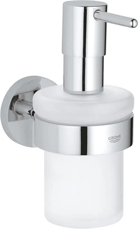 GROHE Start, klebbarer Seifenspender für das Bad, ohne Bohren (Füllmenge: 160ml, mit Halter, verdeckte Befestigung, inkl. Schrauben und Dübel, Kleber separat kaufen), rund, chrom, 41195000