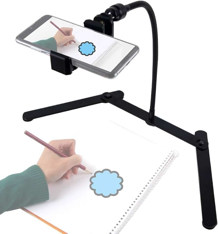 Ajustable Tripod with Cellphone Holder, Overhead Phone Mount, Table Top Teaching Online Stand for Live Streaming and Online Video and Food Crafting Demo Drawing Sketching Recording