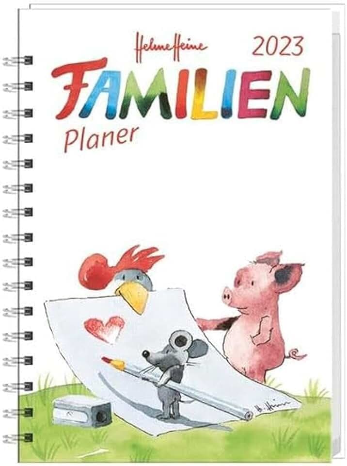Helme Heine Familienplaner Buch A5 2023. Familienkalender mit 5 Spalten. Liebevoll illustrierter Buch-Kalender mit Einstecktasche und Schulferien. Terminplaner mit 160 Seiten.