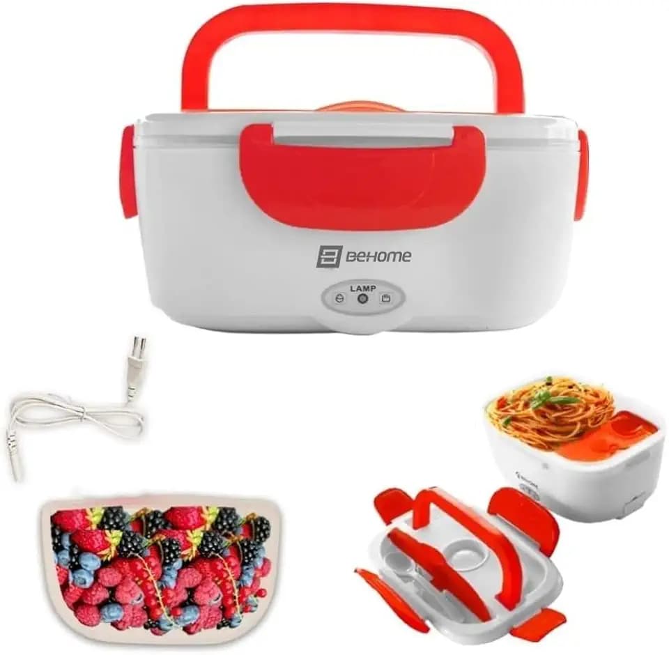 BEHOME Elektrischer Lunchbox 1.5L, 2 herausnehmbare Behälter, Stahlheizplatte, mitgeliefertes Plastikbesteck, rot