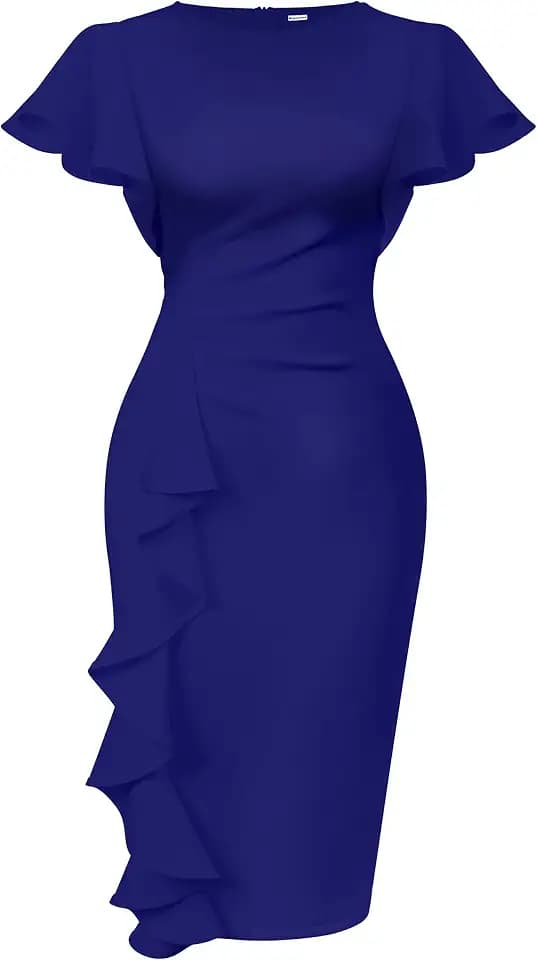 Memoriesea Women's Church Ruffle Sleeve Ruched Work Midi Dress