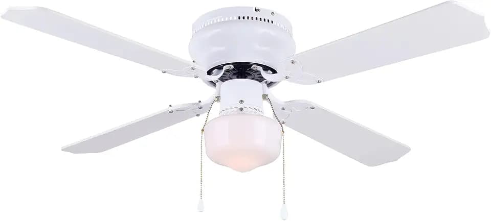 Neptune 42-Inch Hugger Ceiling Fan in White - Schoolhouse Glass Light, Reversible White/Bleached Oak Blades, Energy-Efficient LED Bulb Included, Sleek Design Perfect for Home & Office