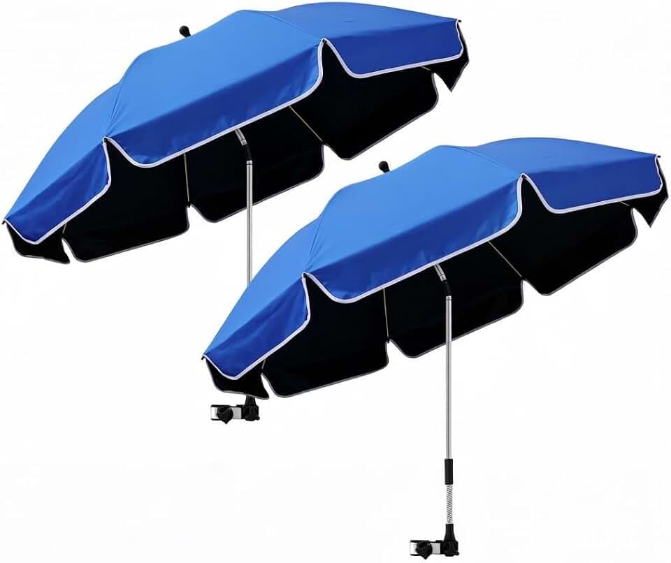 2er-Pack 124cm Strandstuhl Sonnenschirm mit Klemme, UPF50+ UV-Schutz, 360° drehbarer Clip-On Sonnenschutz, tragbarer Schirm für Strandstuhl, Camping, Golf, Kinderwagen,Rollstuhl