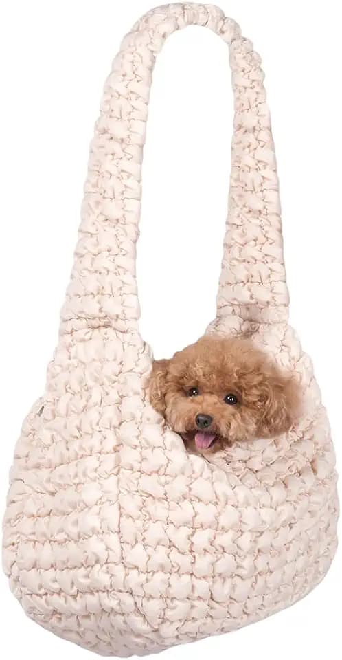 Fashion Quilted Pet Sling Carrier for Small Dogs with Tether Large Puffer Hobo Bag Padding Shoulder Bag for Puppy&Cats,Up to 13lbs (Beige)