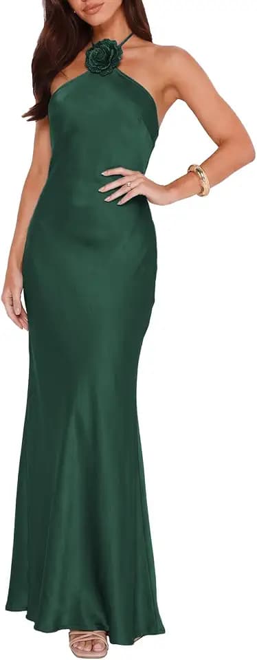 Satin Halter Maxi Dresses for Women Formal Wedding Guest Midi Dress