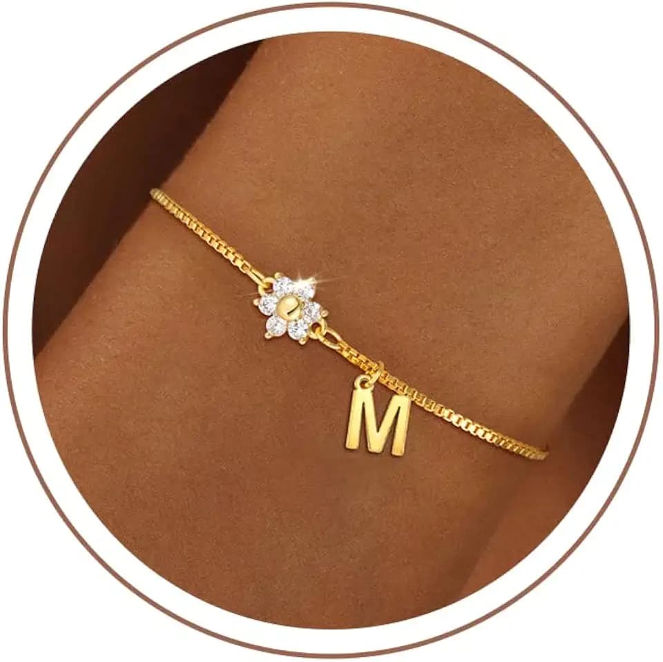 Armband Damen Gold Silber, 18K Gold/Silber Vergoldet Blume Armband mit Buchstaben Monogramm Armbänder Personalisiert Armkette Schmuck Geschenke für Frauen Mädchen Freundin