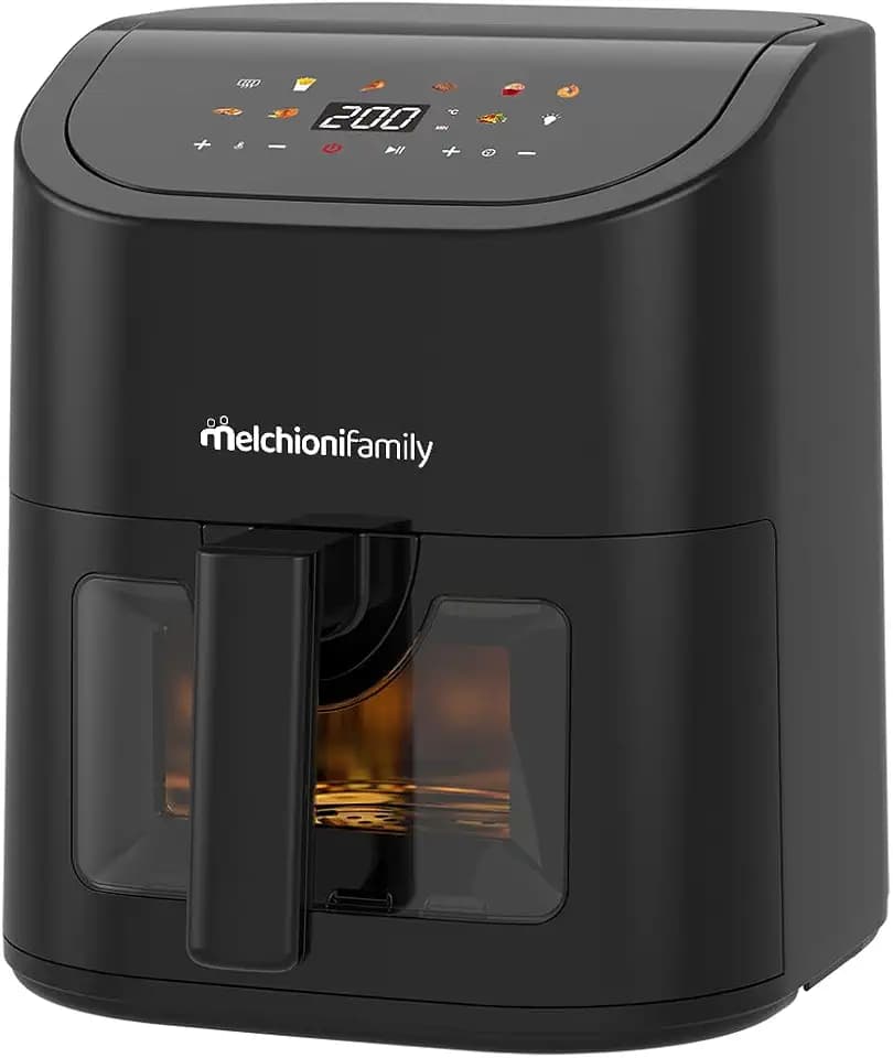 Melchioni Family | Heißluftfritteuse Emma New 5L, 8 Programme, Touchdisplay, 1500W, Temperatur 80–200°C, Antihaftbeschichtung, Kompakt und mit Sichtfenster, Schwarz