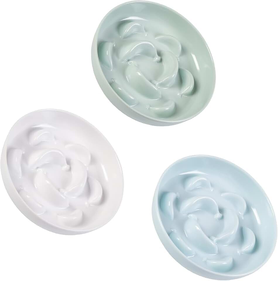Antischlingnapf Katze Set aus Melamin - 3 Stück Futternäpfe für langsames Fressen - Katzennäpfe in Pastellfarben - Fressnäpfe für Katzen - Weiß, Blau und Grün