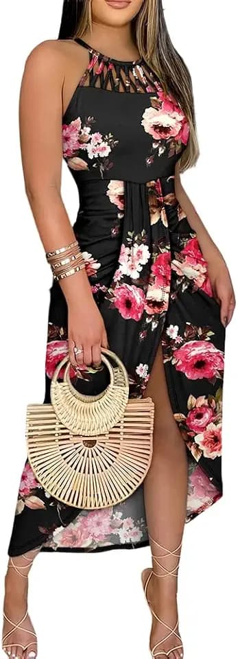 CHICME Womens Halter Floral Print Bodycon Midi Dress