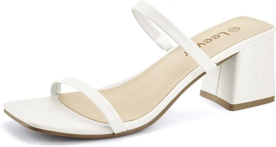 Leevar Square Toe Heeled Sandals for Women,Women's Low Block Heels Sandals,2.25IN Open Toe Ankle Strap Chunky Heels, White Pu, 5.5 UK
