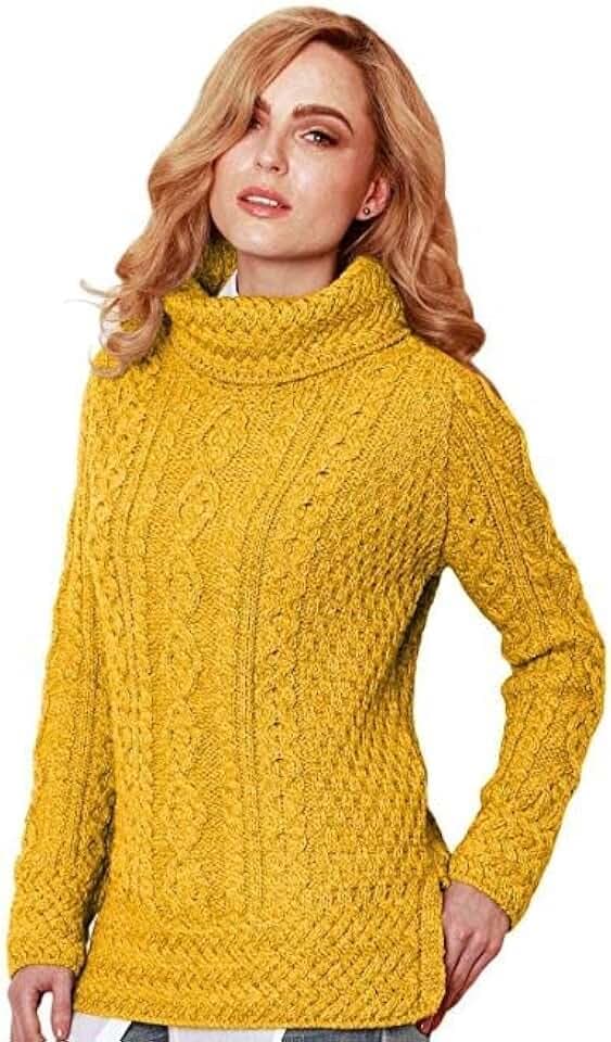 Carraig Donn - Ladies - 100% Soft Merino Wool - Cable Knit Sweeter Vented Roll Neck Irish Jumper