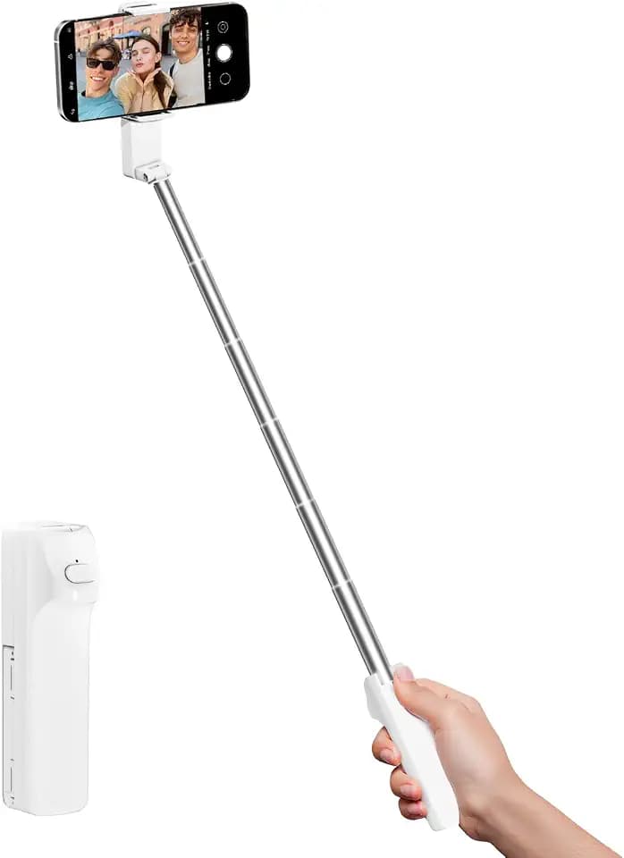 Selfie Stick for iPhone, Extended Portable Selfie Stick, Wireless Remote, Adujustable, Compact Phone Holder for Photograph, Video Recording, Streaming (White)