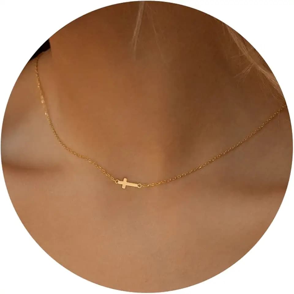 Tewiky Dainty Cross Necklace for Women, 14K Gold Plated Cross Necklaces