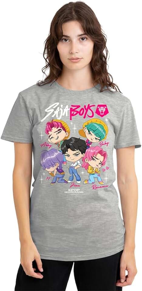 KPop Demon Hunters Damen Kpop Demon Hunters Saja Boys Chibi Poster Ladies T Shirt, Athletic Heather T-Shirt (1er Pack)