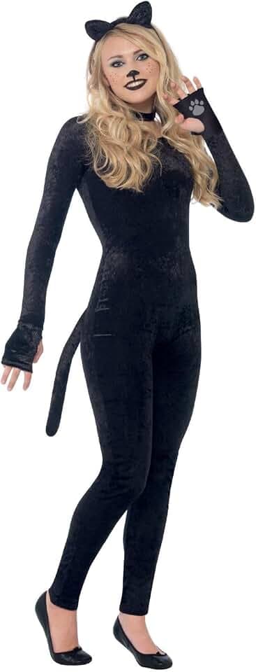 Smiffys Teen's Cat Costume, Bodysuit, Tail, Ears and Collar Colour: Black, 44320