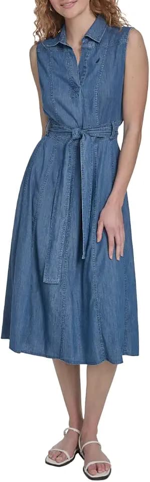 Nautica Women's Sleeveless Shirtdress Belted Chambray Dress