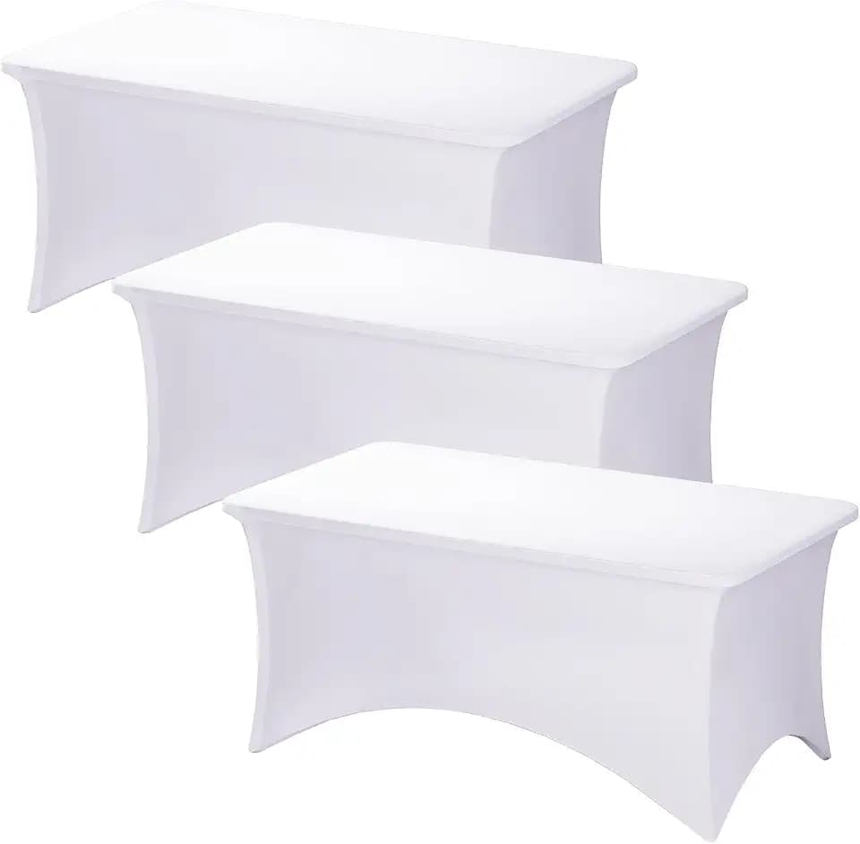 Fixwal 3 Pack 4FT White Tablecloth Rectangle Spandex Fitted Table Cover
