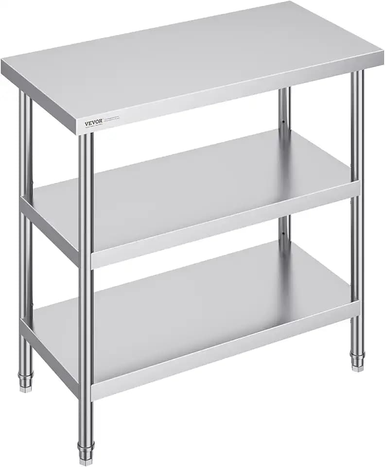 VEVOR Lebensmittel-Zubereitungstisch aus Edelstahl, 457 x 914 x 864 mm gewerblicher Küchenarbeitstisch, mit 2 verstellbaren Unterregalen, robuster Zubereitungstisch aus Metall für Grill, Küche