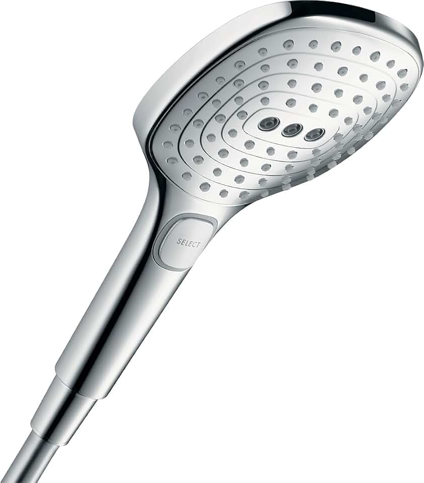 hansgrohe Raindance Select E - wassersparender Duschkopf 9 l/min (EcoSmart), Handbrause mit 3 Strahlarten, eckige Duschbrause (120 x 120 mm), Sparduschkopf mit Antikalk-Funktion, Chrom, 26521000