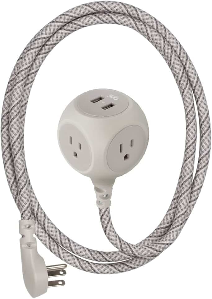 360 Electrical 360461-FG Habitat Braided Extension Cord, French Grey, 6ft, Includes 2.4A Dual USB, 3 AC Outlet, Multi Plug Outlet, Discreet Power Strip Surge Protector and USB Charging Station