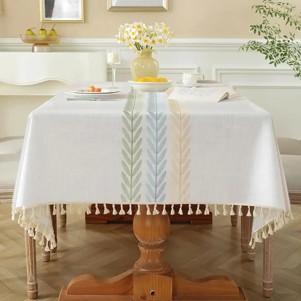 Pahajim Tischdecke Rechteckig Baumwolle Leinen Tischtuch Abwaschbar Wasserdicht Quasten Design für Küche, Esszimmer, Outdoor, Garten Tischdekorationen(Beige,140x180cm)