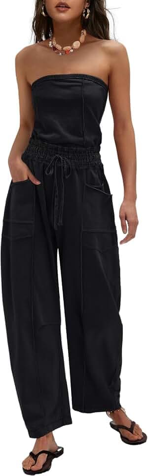 LAMISSCHE Womens Casual Strapless Jumpsuits off the Shoulder Summer Rompers Sleeveless One Piece Outfits with Pockets