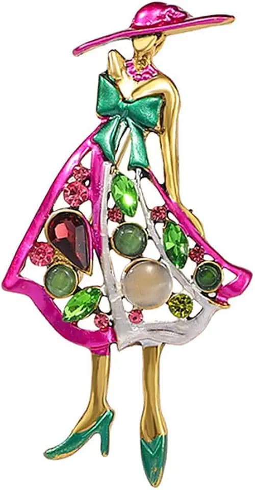 Rhinestone Lady Brooch Pin for Women Girls Fashion Pink Green Crystal Enameled Hat Bag Brooches Lapel Pins Breastpin Sorority Sisterhood Dress Accessories Jewelry Dainty Gift Souvenir
