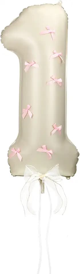 Hollowfly Number 1 Pink Bow 1st Birthday Balloon, 32 Inch Giant Aluminum Foil Number 1 Cream White Balloon Coquette Party Decoration for Christmas Girl Boy Birthday Baby Shower Anniversary Party Gifts
