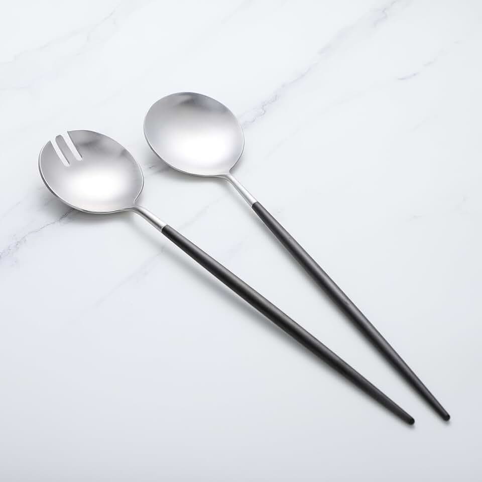 Salad Servers,Spoon and Fork Set 11.41 inch,18/10 Stainless Steel Salad Serving Titanium Plating (black silver)