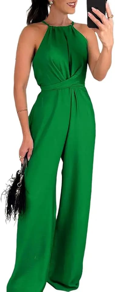 CHICME Women's Ruched Halter Wide Leg Jumpsuit