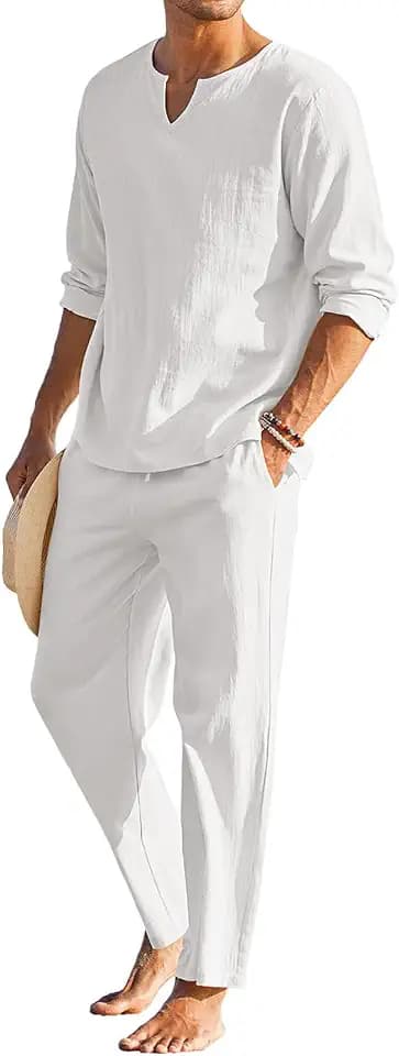Geagodelia Herren-Set, 2-teilig, Baumwolle, Leinen, Hemd, Henley, V-Ausschnitt, Langarm, leichte Hose, für vier Jahreszeiten, Sommer-Pyjama, einfarbig