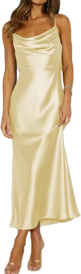 Mogidol Womens Summer Satin Cowl Neck Backless Midi Dress Wedding Guest