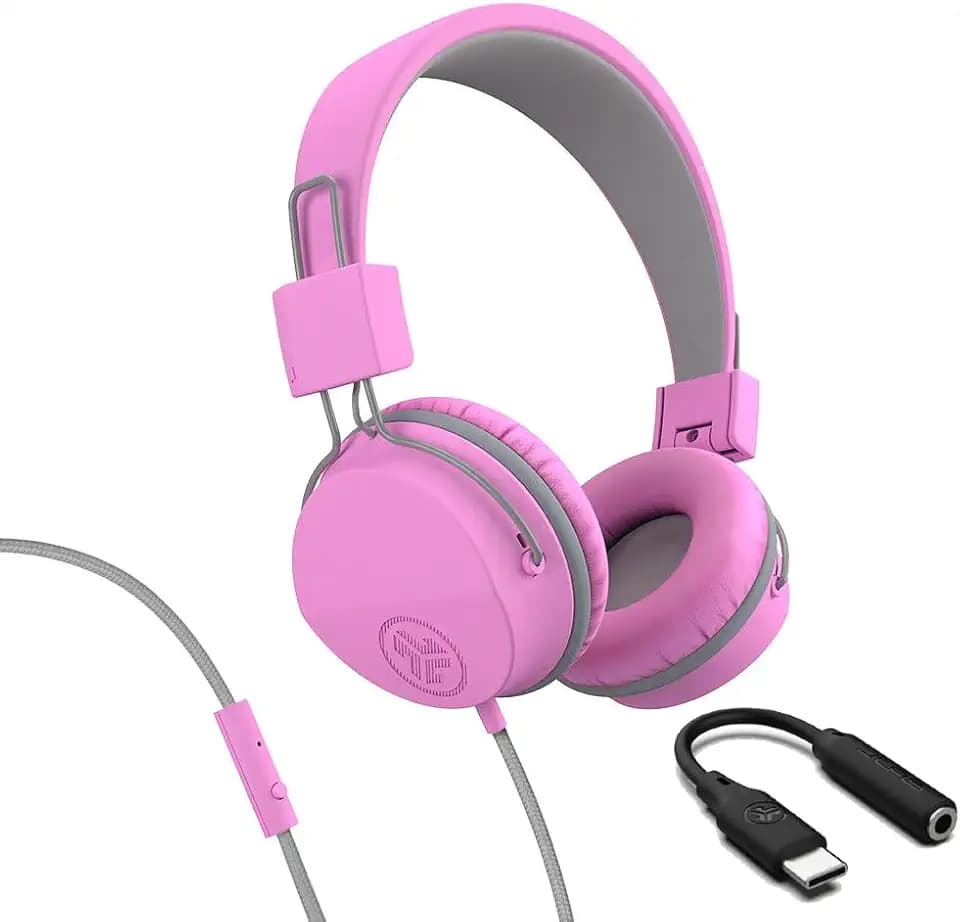 JLab, JBuddies Studio, Kids Wired on-Ear Headphones, Bundle with USB-C Adapter, Volume limiting, Foldable, Pink