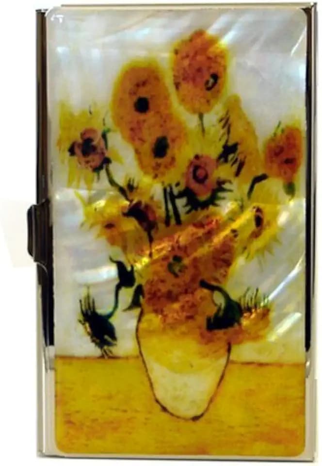 Antique Alive Mother of Pearl Sunflowers by Van Gogh Art Painting Design Business Credit Name Card Holder Case Metal Stainless Steel Engraved Slim Purse Pocket Cash Money Wallet