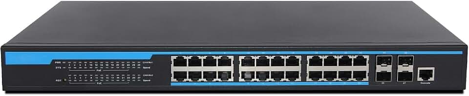 ToVi 24-Port Gigabit PoE Switch, 4x10G SFP+ Uplinks, Rack Mount, GUI for AV