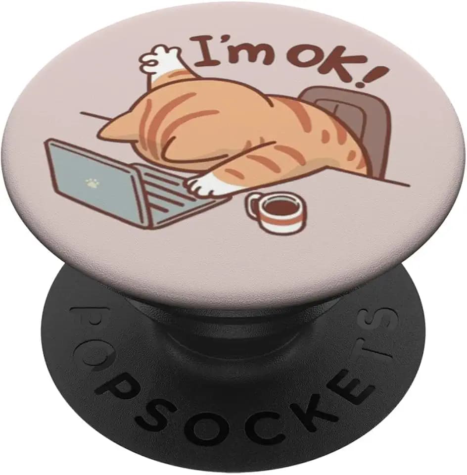 Funny Cat Meme I'm ok Books and Coffee Cat Lover bookish PopSockets Adhesive PopGrip