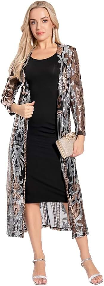Sparkly Cardigan for Women 1920s Sequin Cardigans Long Sequin Duster Blazer 20s Glitter Open Front Coat Cover Up Dress