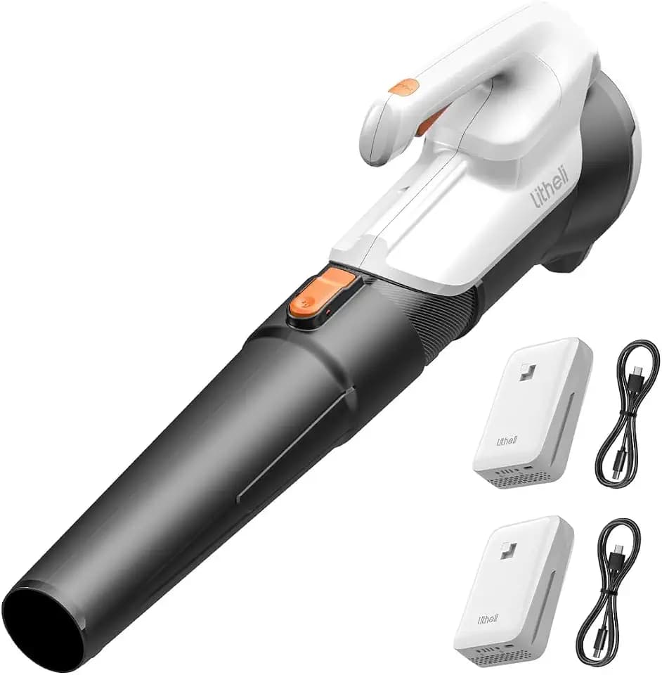 Litheli Cordless Leaf Blower with 2 Batteries (Works as Portable Power Bank), Ultra-Lightweight Electric Blower for Driveways, Patios & Decks, 2-Speed 350CFM for Dry Leaves, Dust & Car Drying