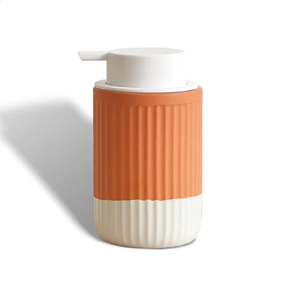 Handgetauchter Terrakotta-Keramik-Schaumseifenspender, 340 ml, geriffelte Seifenflasche mit weißer Silikonpumpe, nachfüllbarer Handseifenspender für Badezimmer