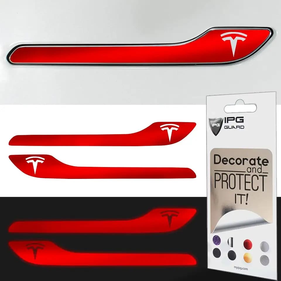 IPG Compatible for Model 3 / Model Y/Juniper Door Handle Decal Sticker Wrap Kit (Set of 4) with Tesla Logo Personalize Your Tesla (Reflective Series - Red)