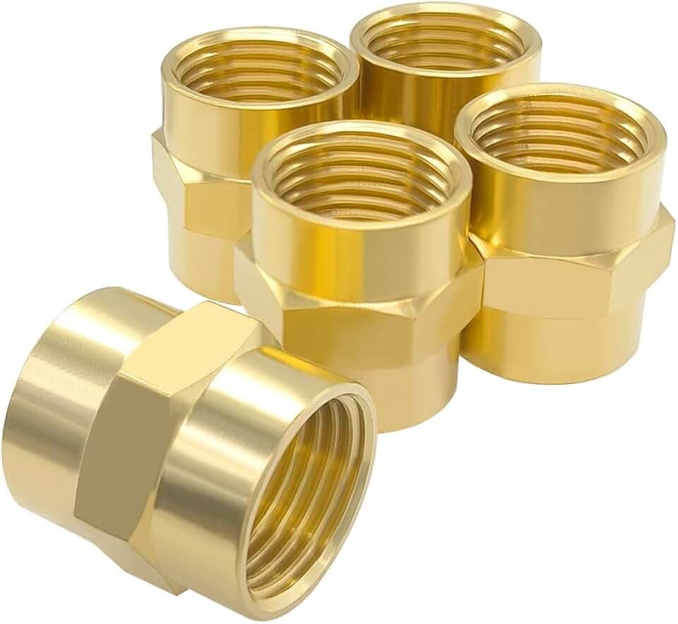 Hooshing 5PCS Brass Coupling Pipe Fitting, 1/2" x 1/2" NPT Female Coupler