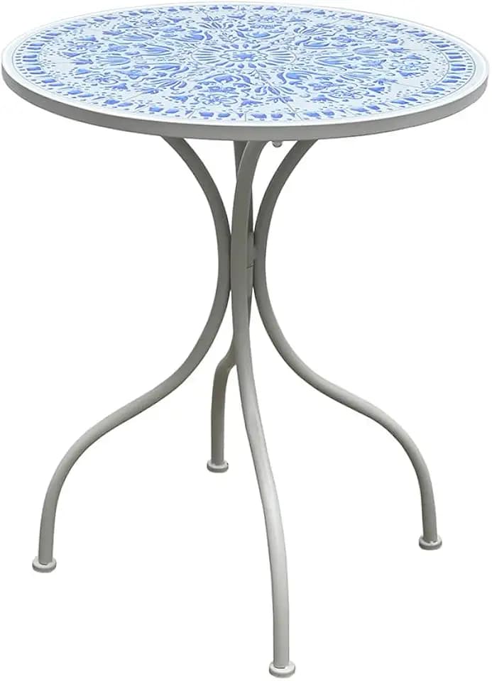 Round Outdoor Side Table Patio Bistro Ceramic Mosaic Patterned Design Tile Top Round Table Outdoor Garden 24 Inch Metal Furniture Dining Table for Yard Balcony Porch Poolside Terrace Blue Flower