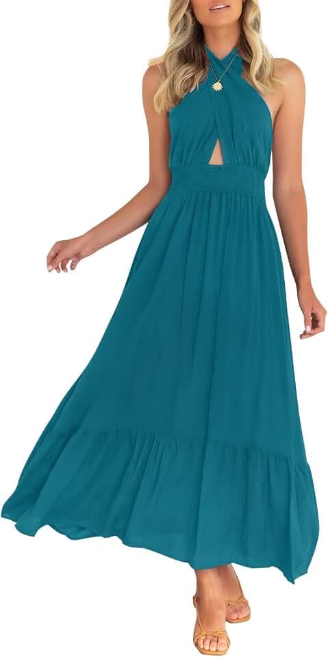 ZESICA Womens Summer Crossover Halte Sleeveless Maxi Dress