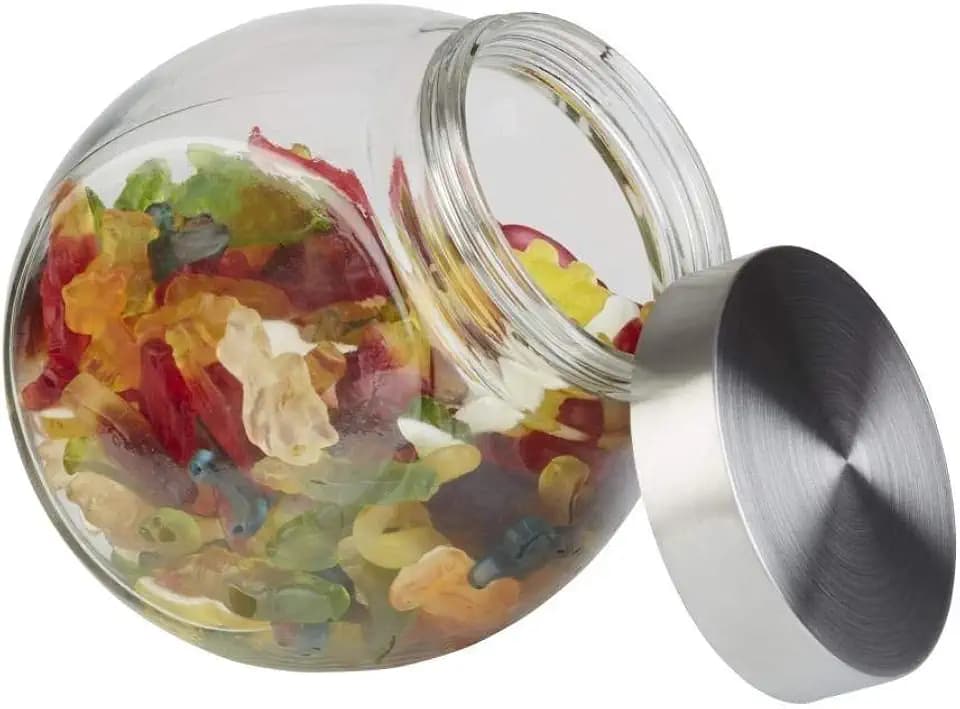 APS Vorratsglas – Bonbonglas mit Premium Glaskugel und einem Schraubdeckel aus rostfreiem Edelstahl – Aromadichte durch den hochwertigen Schraubdeckel