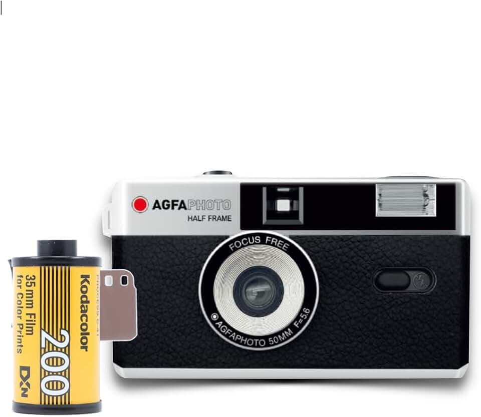 AgfaPhoto analoge 35mm 1/2 Format Foto Kamera Black im Set mit Color Negativ Film + Batterie